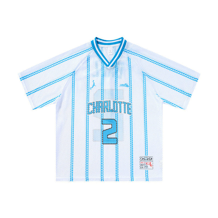 White mesh jersey with blue vertical stripes, Charlotte lettering and number 2 graphic on the front