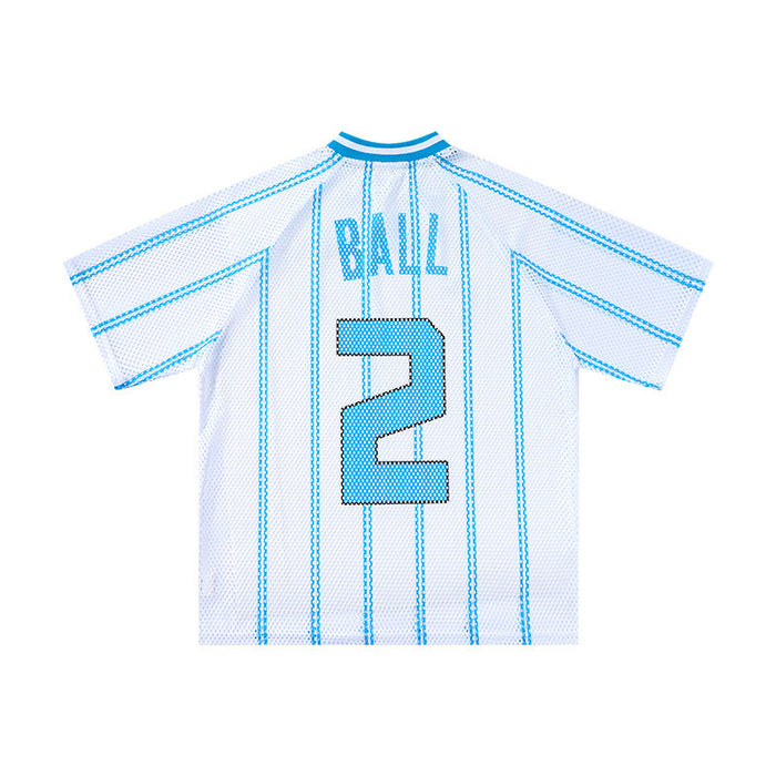 White mesh jersey T-shirt with blue pinstripes, Ball name, and oversized number 2 on the back