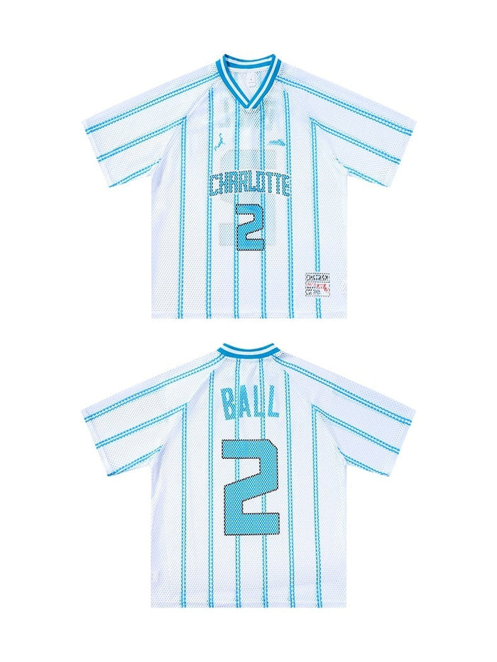 White mesh Charlotte Ball #2 jersey T-shirt with turquoise pinstripes and front and back streetwear design
