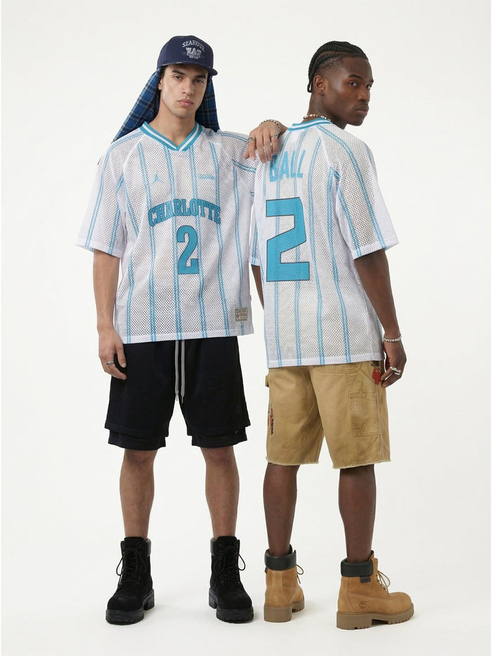 Models wearing white mesh Charlotte Ball #2 streetwear jerseys with blue stripes and oversized fit