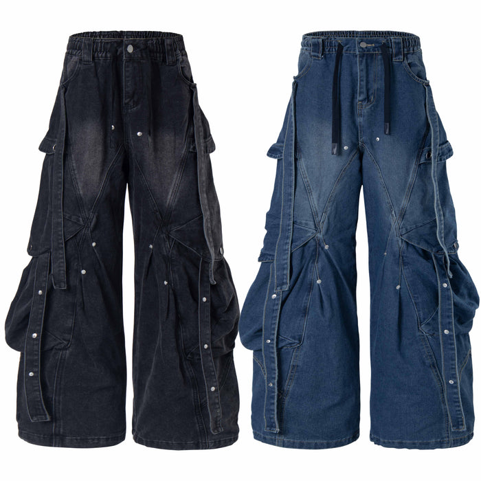 Omirad multi-pocket baggy cargo denim jeans in washed black and blue, front view showing wide-leg fit and utility pockets