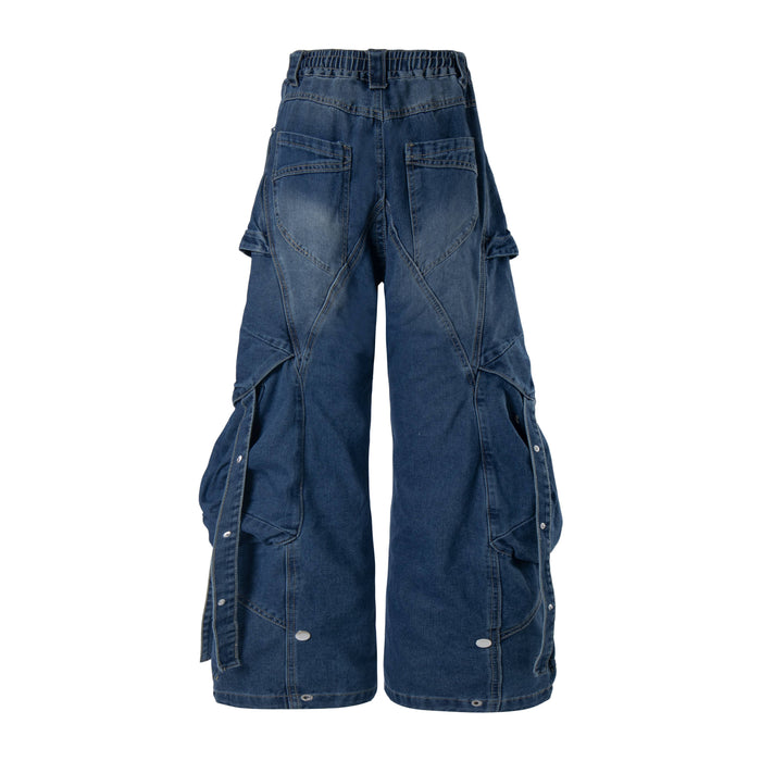 Blue baggy cargo denim jeans, back view showing curved back pockets and wide legs