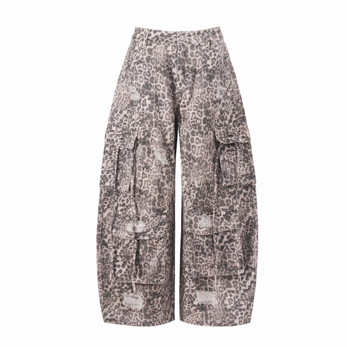 Leopard print wide-leg cargo jeans with distressed patches, front view