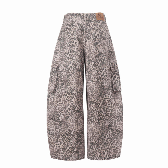 Leopard print wide-leg cargo jeans, back view with rear pockets and logo patch