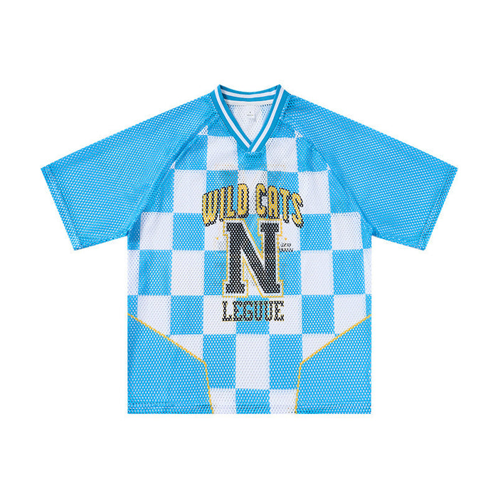 Blue and white checkerboard mesh jersey t-shirt with Wild Cats N League varsity graphic on the front