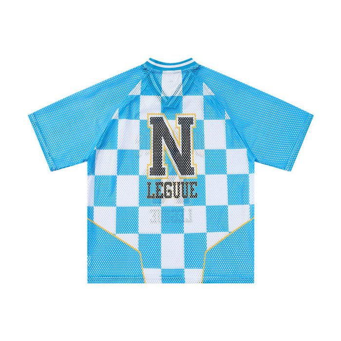 Blue checkerboard mesh jersey T-shirt with large N League graphic on the back
