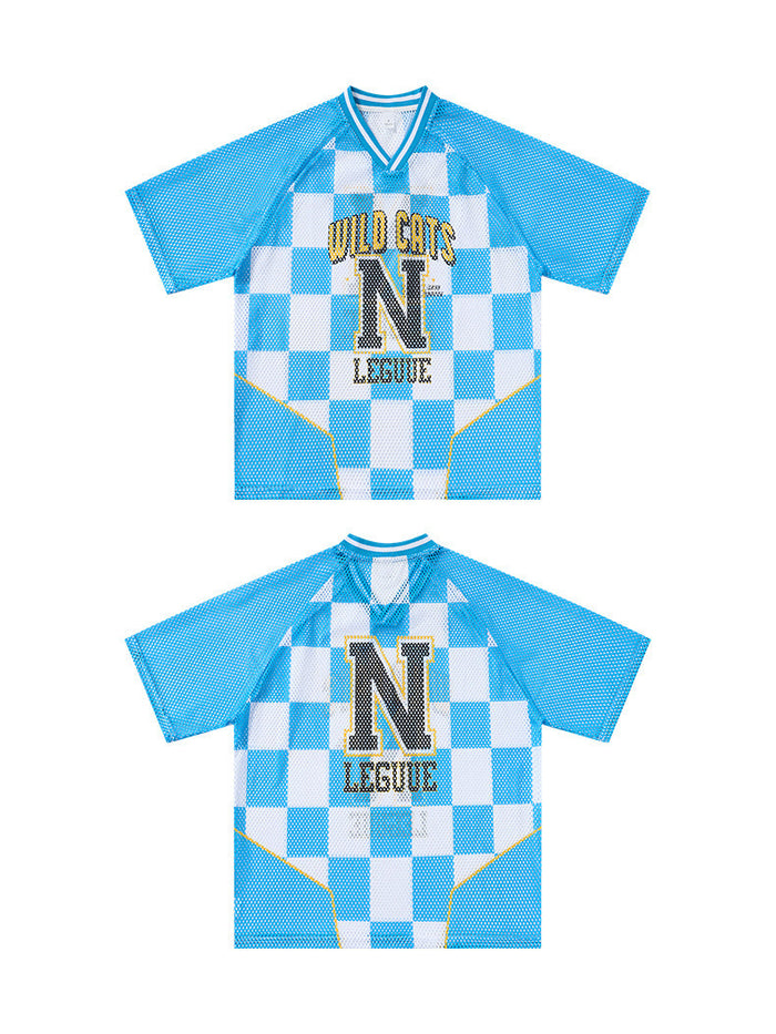 Blue checkerboard mesh jersey T-shirt with Wild Cats N League graphic and short sleeves, shown front and back on white background