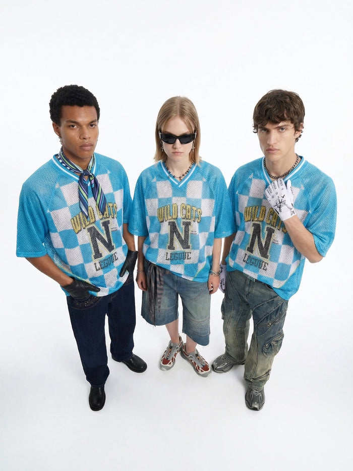 Three models wearing blue checkerboard mesh Wild Cats N League jersey T-shirts with oversized streetwear styling