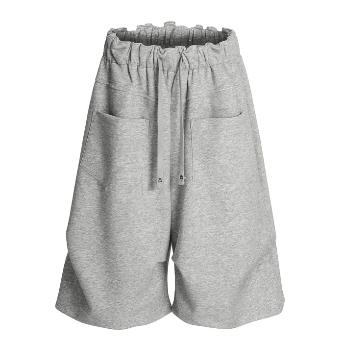 Gray wide-leg shorts front view with drawstring and two large front patch pockets