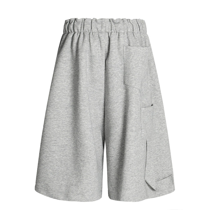 Gray wide-leg shorts back view with one back pocket and elastic waistband