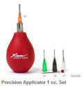 Xiem Precision Applicator 1 oz set: red bulb fitted with an orange-hubbed tip, plus 21, 19 and 17 gauge tips