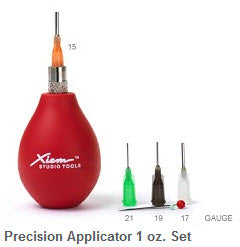 Xiem Precision Applicator 1 oz set: red bulb fitted with an orange-hubbed tip, plus 21, 19 and 17 gauge tips