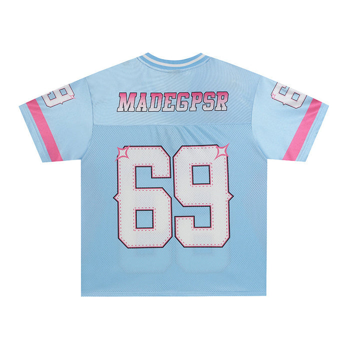 Baby blue mesh football jersey with pink accents, bold 69 graphic and MADEGPSR lettering on the back
