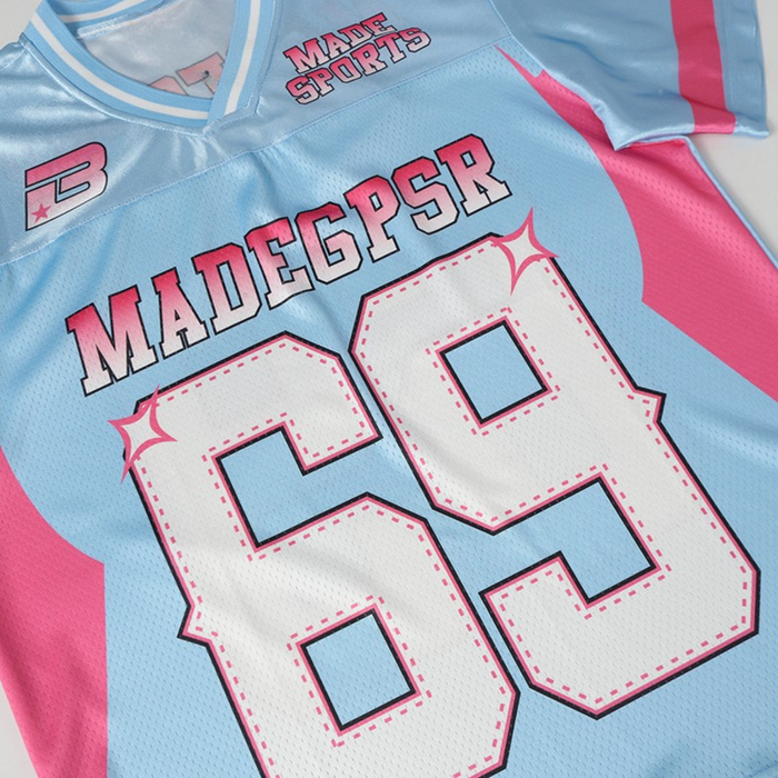Baby blue and pink mesh football jersey with Made Sports lettering and bold 89 graphic, Y2K streetwear style
