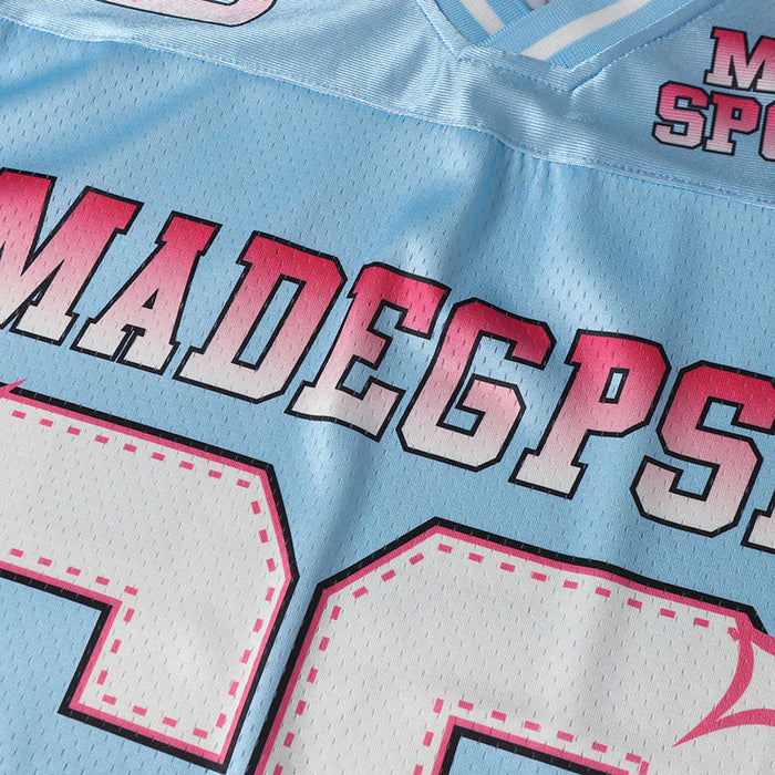 Baby blue mesh football jersey with pink varsity lettering and white number details in a Y2K streetwear style
