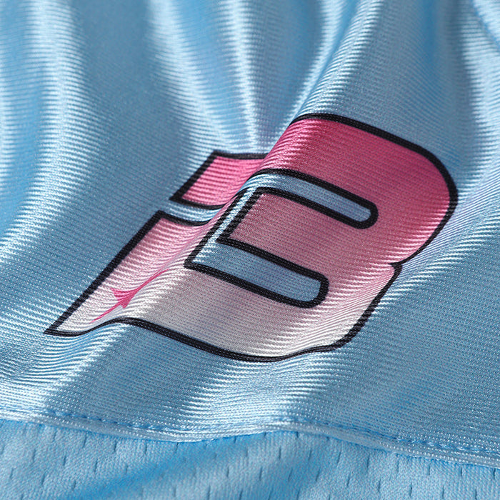 Baby blue mesh football jersey with a pink outlined number graphic and stitched hem detail
