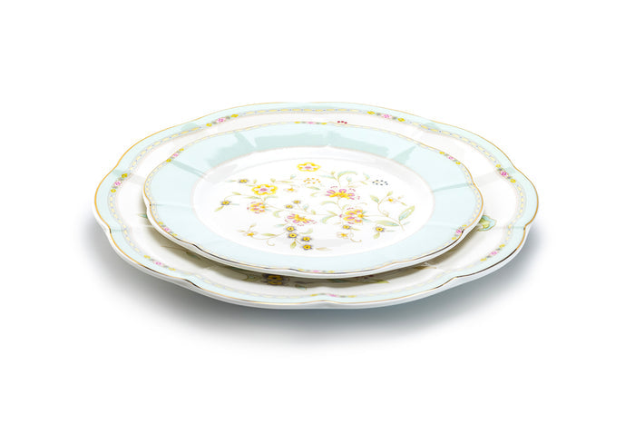 Yellow Corn Flowers with Mint Rim Fine Porcelain Dessert/Dinner Plate