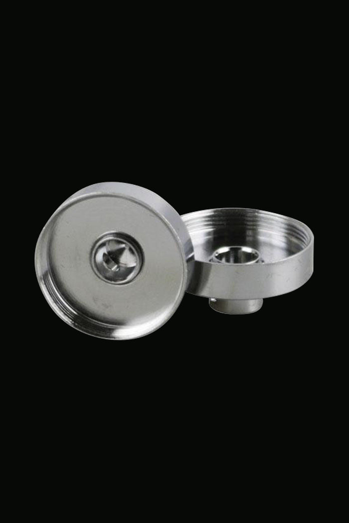 Close-up view of the Yocan Evolve Plus XL Coil Caps, showcasing five silver-colored caps arranged in a circular pattern.