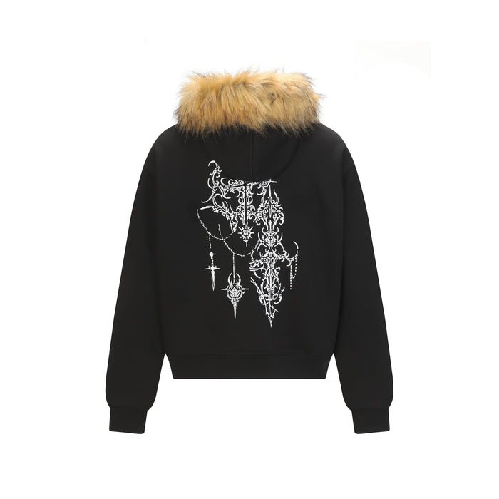 Back view of black zip hoodie with tan faux fur hood trim and ornate white gothic graphic