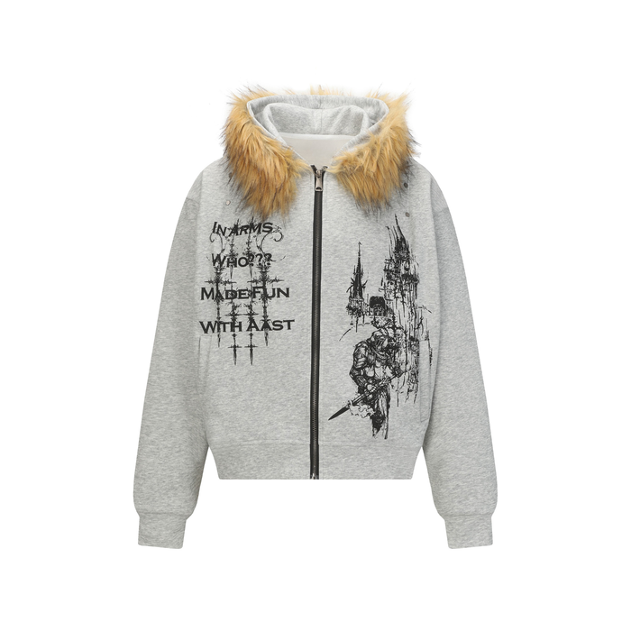 Light gray zip hoodie with tan faux fur hood trim and black medieval graphic prints on the front