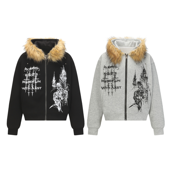 Black and light gray zip hoodies shown front view with tan faux fur hoods and gothic prints